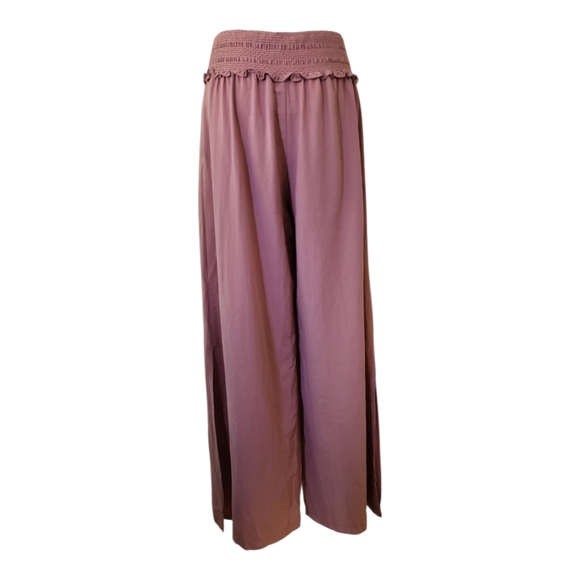 💕Mustard Seed Mauve Smocked Waist Wide Leg Pants L Boho Ruffle Lounge Pocketed - Picture 2 of 8
